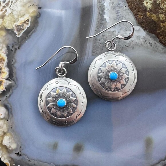 Native American Sterling Silver Turquoise Dot Stamped Concho Dangle Earrings - Picture 2 of 10